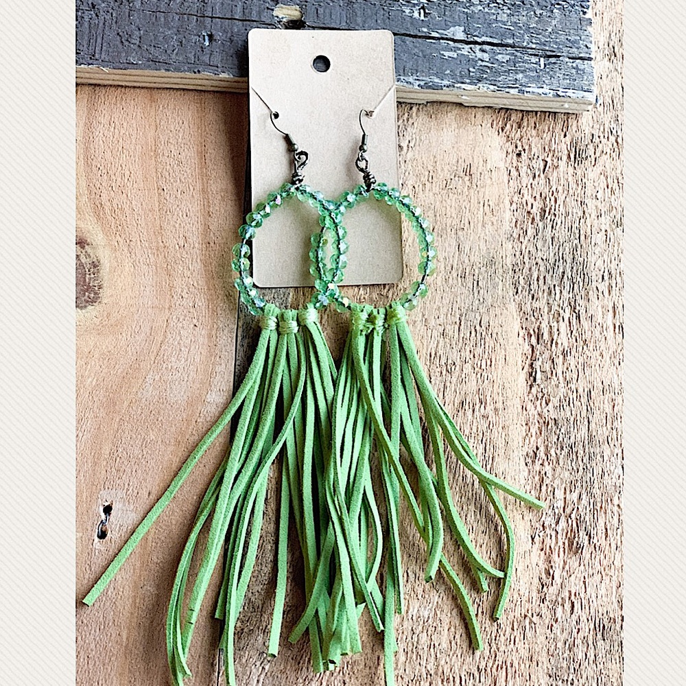 GREEN FRINGED AND BEADED WESTERN HOOP EARRINGS